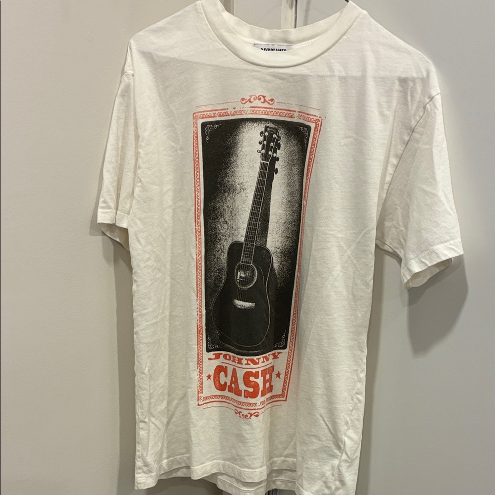 Daydreamer White Short-Sleeve Tee with Black Guitar & Red Accent